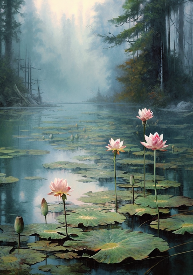 烟雨蒙蒙夏日荷花手绘背景图,插画/手绘图,插画/手绘图库,插画/手绘图下载,插画/手绘